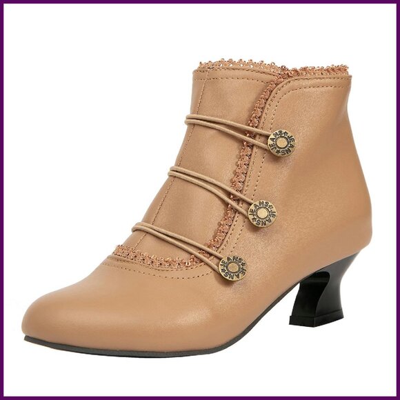 Women's Ankle Boots Low Heels Vintage Style Lace Buttons Side Zipper